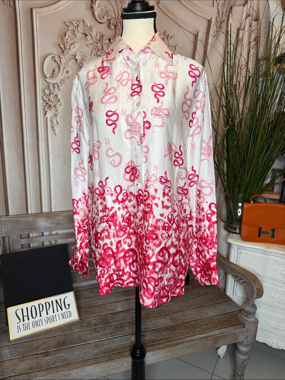 John Richmond White Button-Up Shirt with Pink and Red Snake Print
